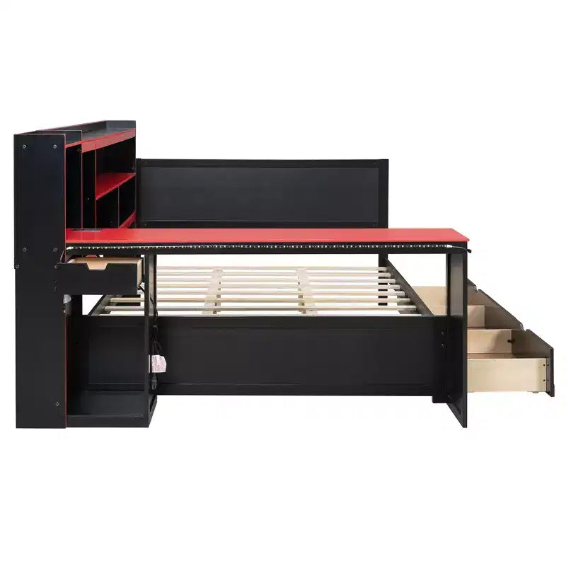 Lit de repos de jeu Full/Queen avec tête de lit bibliothèque, cadre de lit à LED avec bureau intégré, tiroirs et station de charge - ModernLuxe