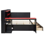Lit de repos de jeu Full/Queen avec tête de lit bibliothèque, cadre de lit à LED avec bureau intégré, tiroirs et station de charge - ModernLuxe