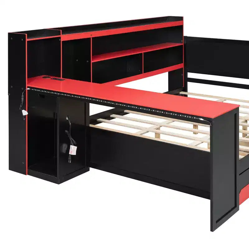 Lit de repos de jeu Full/Queen avec tête de lit bibliothèque, cadre de lit à LED avec bureau intégré, tiroirs et station de charge - ModernLuxe