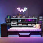 Lit de repos de jeu Full/Queen avec tête de lit bibliothèque, cadre de lit à LED avec bureau intégré, tiroirs et station de charge - ModernLuxe