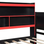 Lit de repos de jeu Full/Queen avec tête de lit bibliothèque, cadre de lit à LED avec bureau intégré, tiroirs et station de charge - ModernLuxe