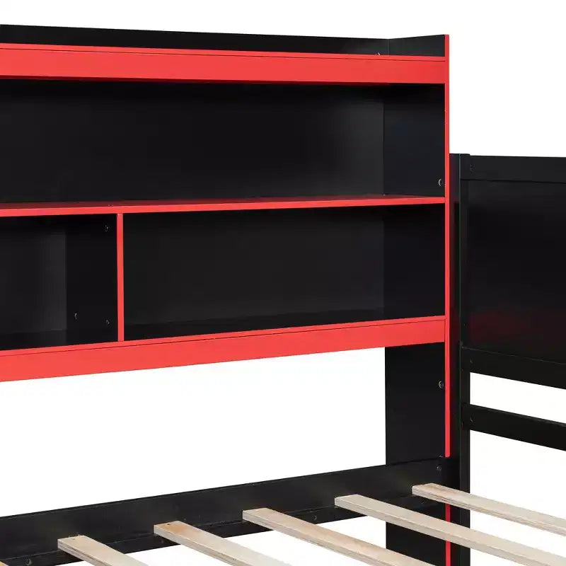 Lit de repos de jeu Full/Queen avec tête de lit bibliothèque, cadre de lit à LED avec bureau intégré, tiroirs et station de charge - ModernLuxe