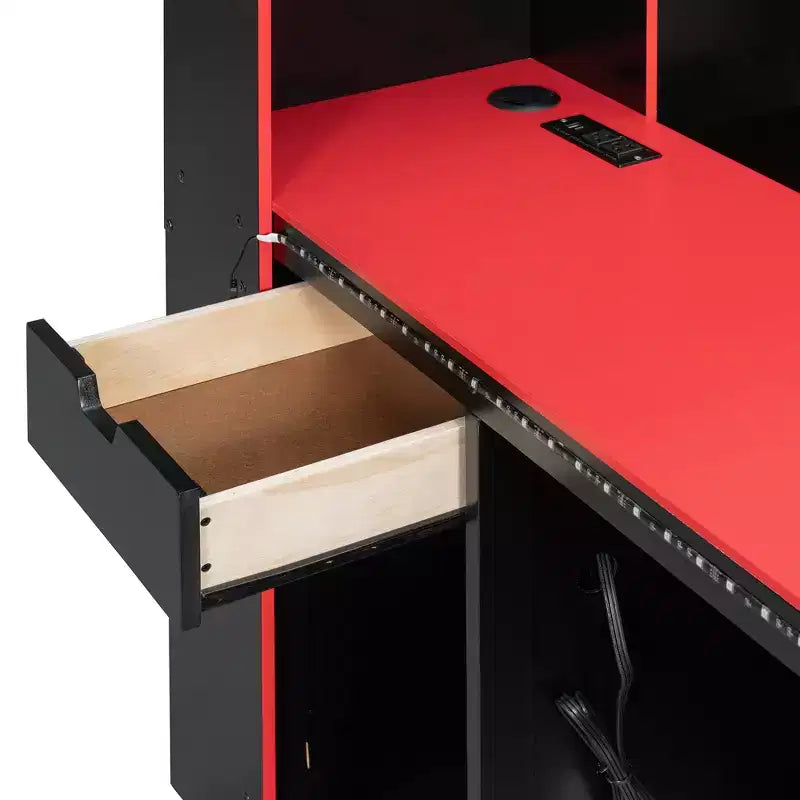 Lit de repos de jeu Full/Queen avec tête de lit bibliothèque, cadre de lit à LED avec bureau intégré, tiroirs et station de charge - ModernLuxe