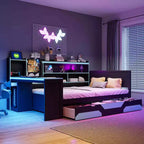 Lit de repos de jeu Full/Queen avec tête de lit bibliothèque, cadre de lit à LED avec bureau intégré, tiroirs et station de charge - ModernLuxe