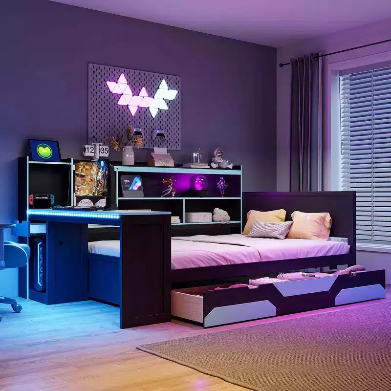 Lit de repos de jeu Full/Queen avec tête de lit bibliothèque, cadre de lit à LED avec bureau intégré, tiroirs et station de charge - ModernLuxe