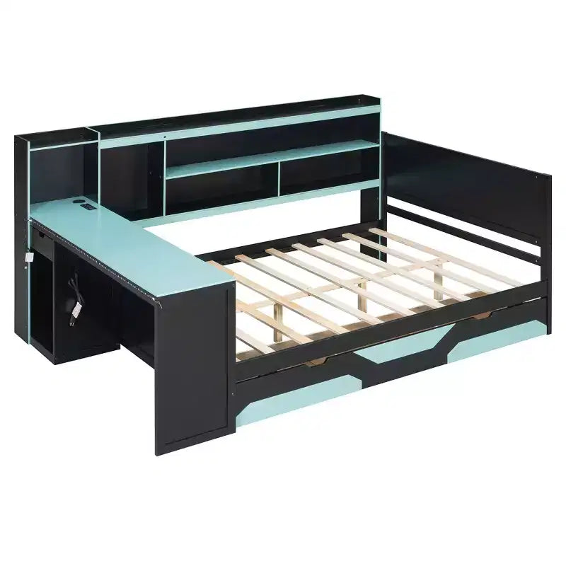 Lit de repos de jeu Full/Queen avec tête de lit bibliothèque, cadre de lit à LED avec bureau intégré, tiroirs et station de charge - ModernLuxe