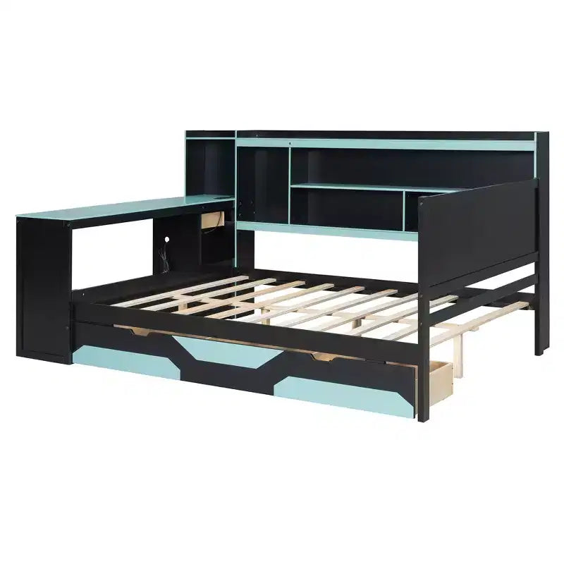 Lit de repos de jeu Full/Queen avec tête de lit bibliothèque, cadre de lit à LED avec bureau intégré, tiroirs et station de charge - ModernLuxe