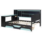 Lit de repos de jeu Full/Queen avec tête de lit bibliothèque, cadre de lit à LED avec bureau intégré, tiroirs et station de charge - ModernLuxe
