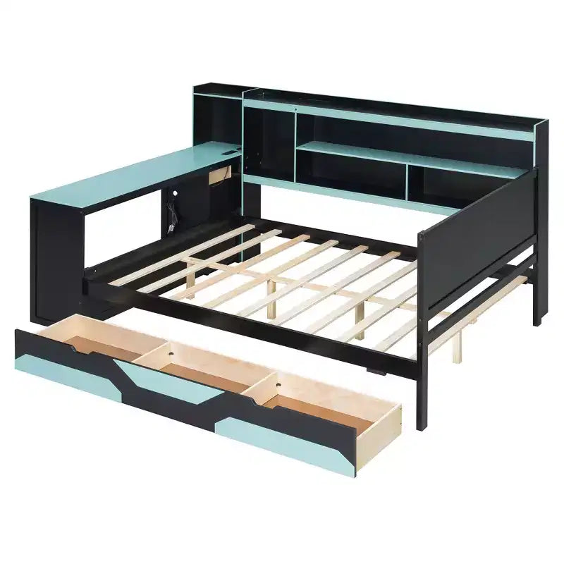 Lit de repos de jeu Full/Queen avec tête de lit bibliothèque, cadre de lit à LED avec bureau intégré, tiroirs et station de charge - ModernLuxe