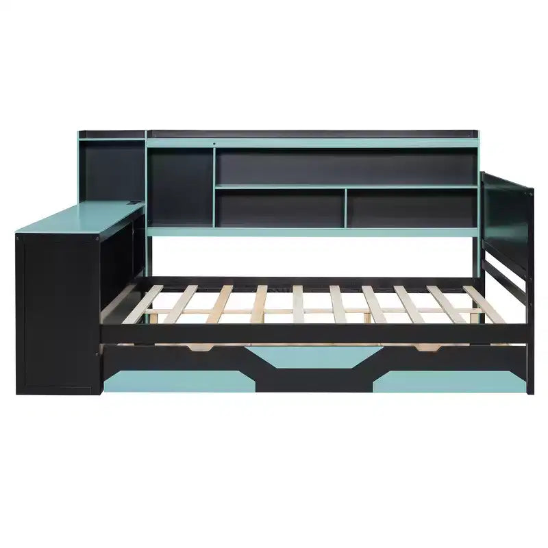 Lit de repos de jeu Full/Queen avec tête de lit bibliothèque, cadre de lit à LED avec bureau intégré, tiroirs et station de charge - ModernLuxe