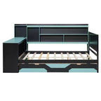 Lit de repos de jeu Full/Queen avec tête de lit bibliothèque, cadre de lit à LED avec bureau intégré, tiroirs et station de charge - ModernLuxe