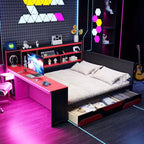 Lit de repos de jeu Full/Queen avec tête de lit bibliothèque, cadre de lit à LED avec bureau intégré, tiroirs et station de charge - ModernLuxe
