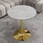 JVNOXK 27.6 Gold Round Coffee Table, Mid-Century Modern with Light Gray Textured Marble-Effect Top for 2C4 People