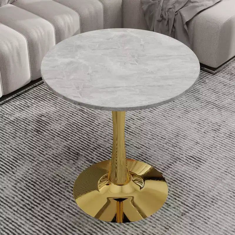 JVNOXK 27.6 Gold Round Coffee Table, Mid-Century Modern with Light Gray Textured Marble-Effect Top for 2C4 People