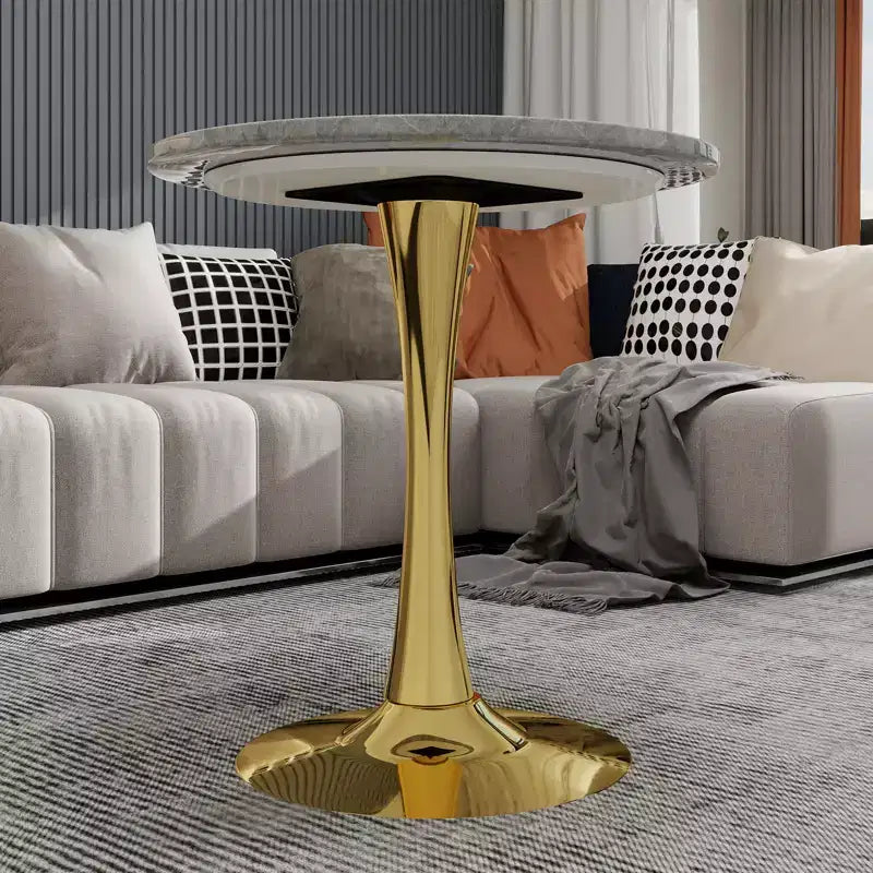 JVNOXK Table basse ronde dorée 27,6, style moderne du milieu du siècle avec plateau effet marbre texturé gris clair pour 2 à 4 personnes