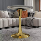 JVNOXK Table basse ronde dorée 27,6, style moderne du milieu du siècle avec plateau effet marbre texturé gris clair pour 2 à 4 personnes