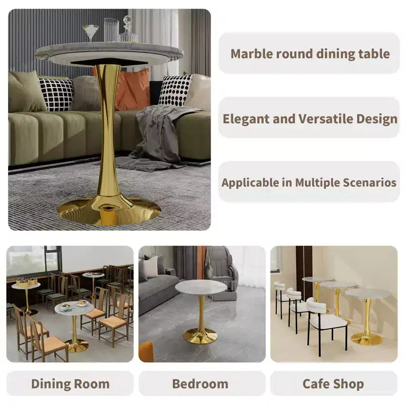 JVNOXK Table basse ronde dorée 27,6, style moderne du milieu du siècle avec plateau effet marbre texturé gris clair pour 2 à 4 personnes