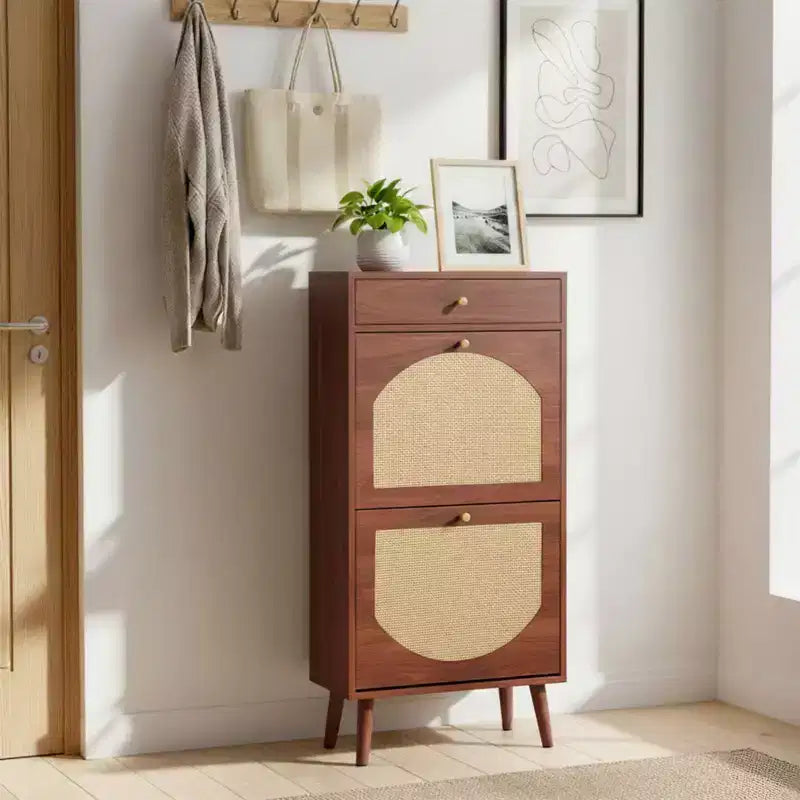 Karl Home Rattan Panel 1 Drawer 2 Flip-Drawer Shoe Cabinet Particleboard 21.26 W