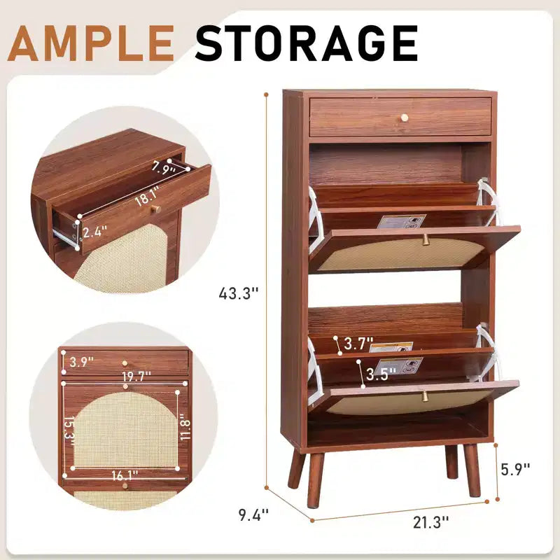 Karl Home Rattan Panel 1 Drawer 2 Flip-Drawer Shoe Cabinet Particleboard 21.26 W