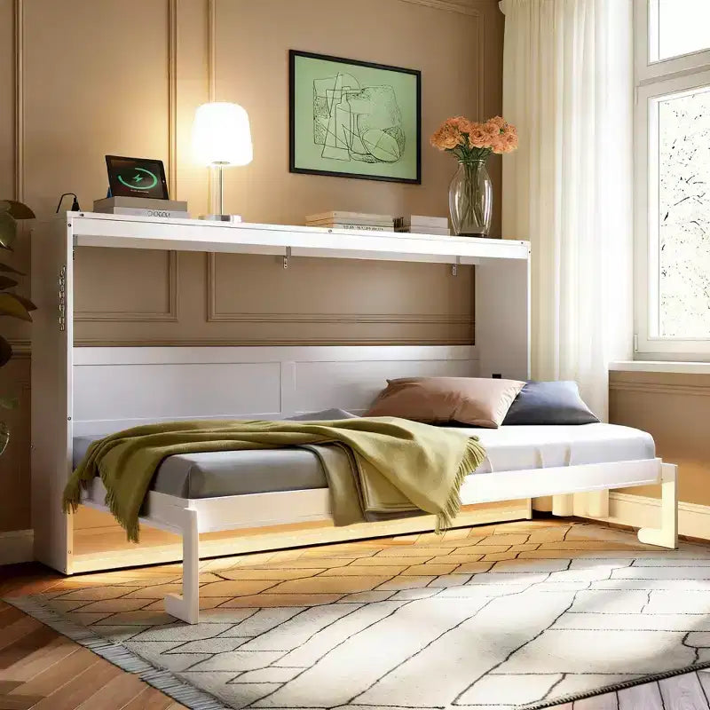 Lit escamotable moderne Luxystar avec motif imprimé tendance, éclairage sous le lit et prise de courant.