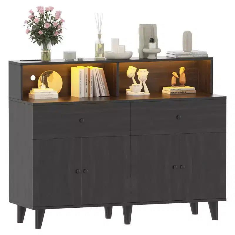 51 in Storage Cabinet with Adjustable Shelves, Wood Coffee Bar Station with Drawers, Freestanding Pantry Cupboard for Kitchen Dining Room