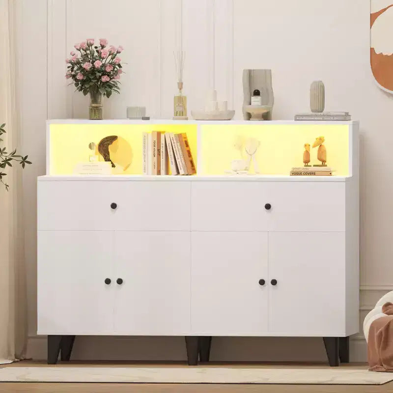 51 in Storage Cabinet with Adjustable Shelves, Wood Coffee Bar Station with Drawers, Freestanding Pantry Cupboard for Kitchen Dining Room