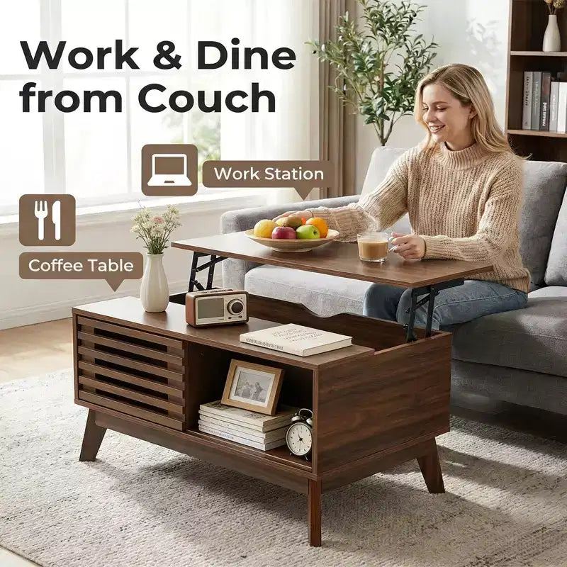 GDFStudio Bogdan Modern Wooden Lift Top Coffee Table with Slatted Sliding Door and Hidden Storage
