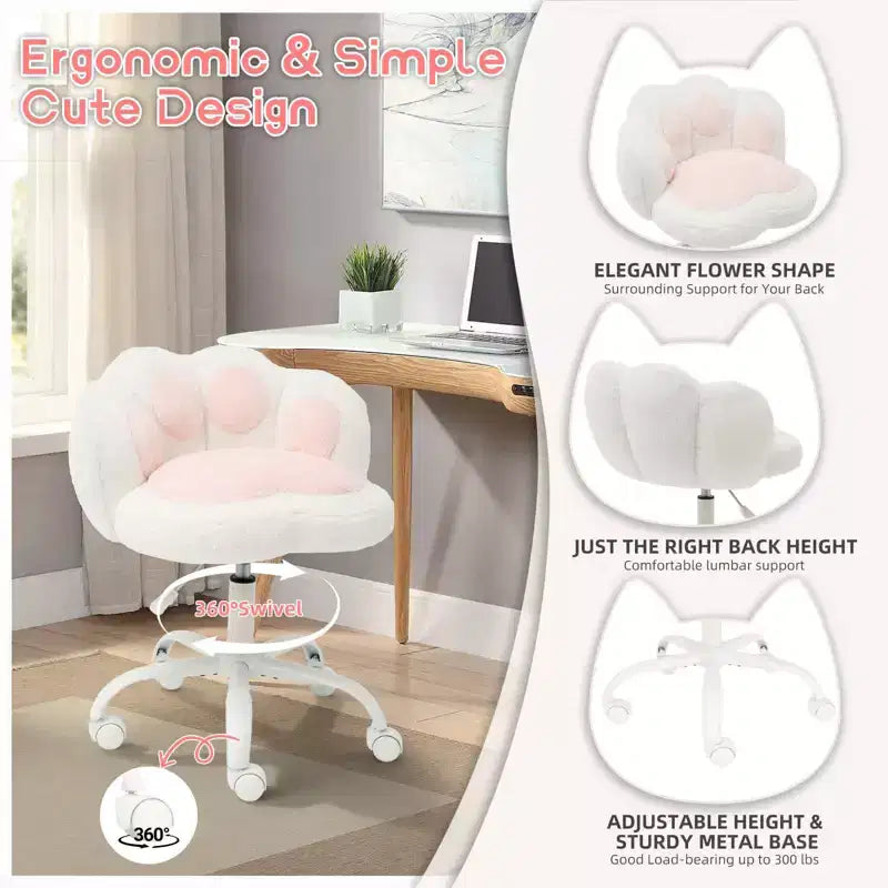 Vanity Chair with Cat Back, Height Adjustable Swivel Chair, Cute Teddy Fabric Rolling Desk Chair for Bedroom Office
