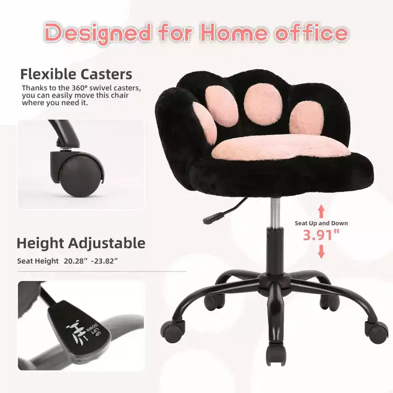 Vanity Chair with Cat Back, Height Adjustable Swivel Chair, Cute Teddy Fabric Rolling Desk Chair for Bedroom Office