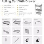 ALUCSET 3 Tier Rolling Utility Cart with Drawer, Plastic Storage Organizer Cart with Wheels, Lockable Caster for Kitchen, Bathroom, Office, Bedroom