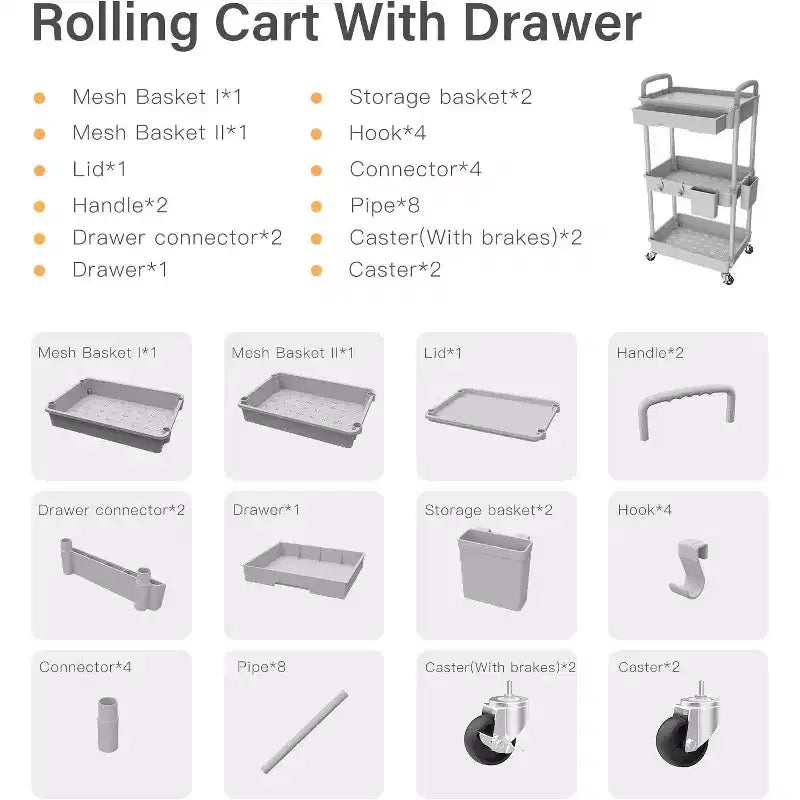 ALUCSET 3 Tier Rolling Utility Cart with Drawer, Plastic Storage Organizer Cart with Wheels, Lockable Caster for Kitchen, Bathroom, Office, Bedroom