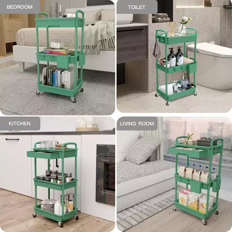 ALUCSET 3 Tier Rolling Utility Cart with Drawer, Plastic Storage Organizer Cart with Wheels, Lockable Caster for Kitchen, Bathroom, Office, Bedroom
