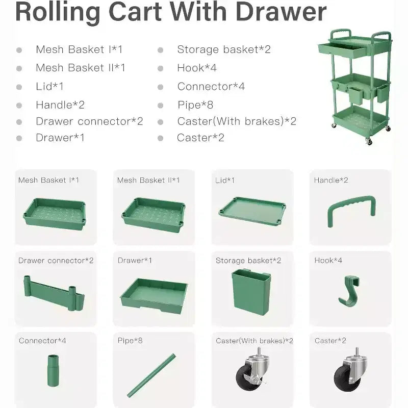 ALUCSET 3 Tier Rolling Utility Cart with Drawer, Plastic Storage Organizer Cart with Wheels, Lockable Caster for Kitchen, Bathroom, Office, Bedroom