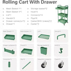 ALUCSET 3 Tier Rolling Utility Cart with Drawer, Plastic Storage Organizer Cart with Wheels, Lockable Caster for Kitchen, Bathroom, Office, Bedroom