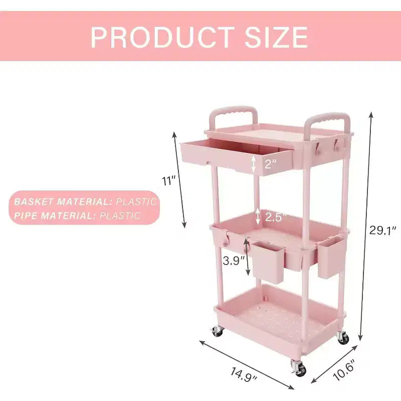 ALUCSET 3 Tier Rolling Utility Cart with Drawer, Plastic Storage Organizer Cart with Wheels, Lockable Caster for Kitchen, Bathroom, Office, Bedroom