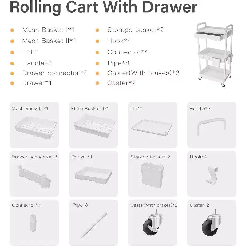 ALUCSET 3 Tier Rolling Utility Cart with Drawer, Plastic Storage Organizer Cart with Wheels, Lockable Caster for Kitchen, Bathroom, Office, Bedroom