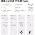 ALUCSET 3 Tier Rolling Utility Cart with Drawer, Plastic Storage Organizer Cart with Wheels, Lockable Caster for Kitchen, Bathroom, Office, Bedroom