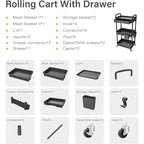 ALUCSET 3 Tier Rolling Utility Cart with Drawer, Plastic Storage Organizer Cart with Wheels, Lockable Caster for Kitchen, Bathroom, Office, Bedroom
