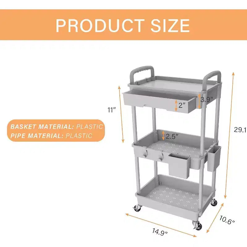 ALUCSET 3 Tier Rolling Utility Cart with Drawer, Plastic Storage Organizer Cart with Wheels, Lockable Caster for Kitchen, Bathroom, Office, Bedroom
