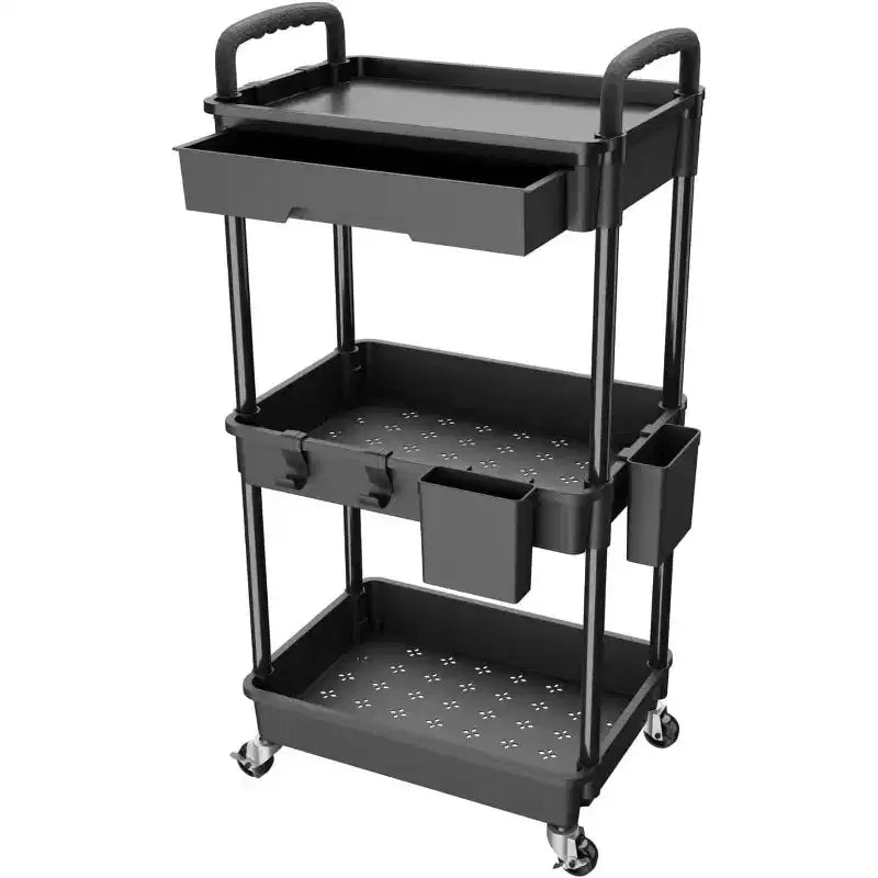 ALUCSET 3 Tier Rolling Utility Cart with Drawer, Plastic Storage Organizer Cart with Wheels, Lockable Caster for Kitchen, Bathroom, Office, Bedroom