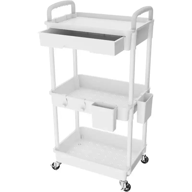 ALUCSET 3 Tier Rolling Utility Cart with Drawer, Plastic Storage Organizer Cart with Wheels, Lockable Caster for Kitchen, Bathroom, Office, Bedroom