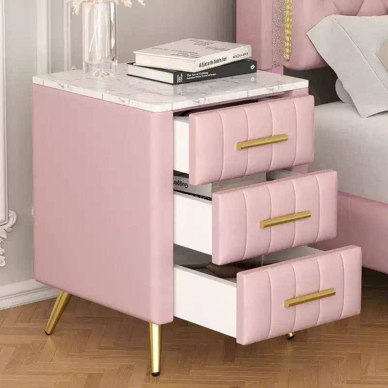 Upholstered Wooden Stylish Functional 3 Drawer Nightstand for Bedroom Living Room