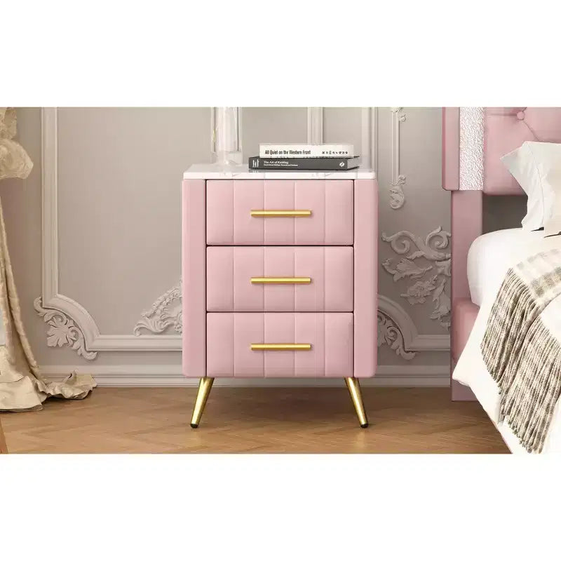 Table de Chevet Capitonnée en Bois Élégante et Fonctionnelle à 3 Tiroirs pour Chambre à Coucher ou Salon