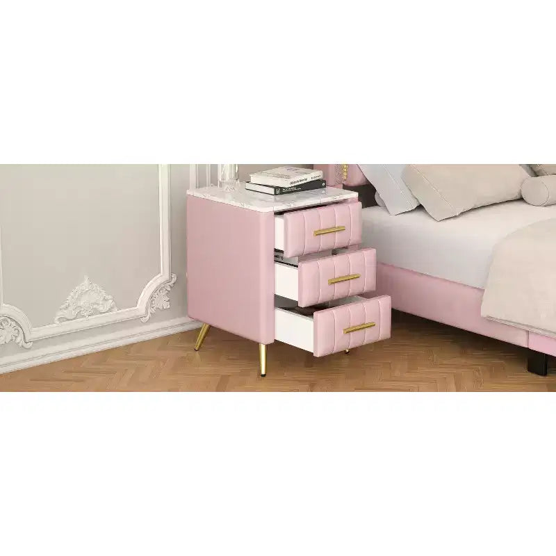 Table de Chevet Capitonnée en Bois Élégante et Fonctionnelle à 3 Tiroirs pour Chambre à Coucher ou Salon