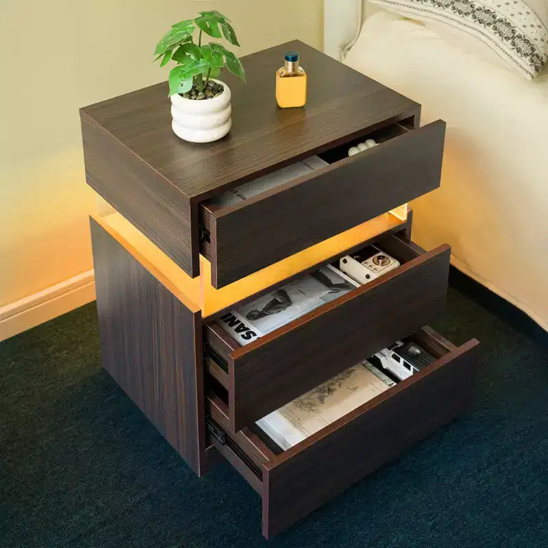 Table de Chevet à 3 Tiroirs avec Lumière LED pour Chambre à Coucher ou Salon