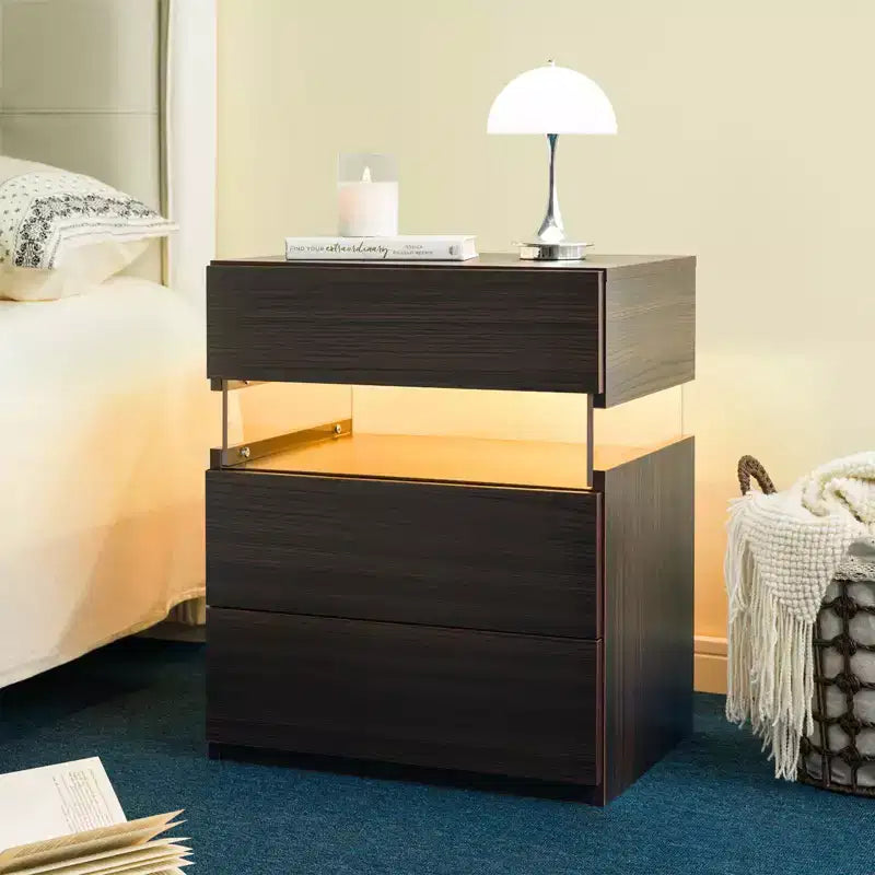 Table de Chevet à 3 Tiroirs avec Lumière LED pour Chambre à Coucher ou Salon