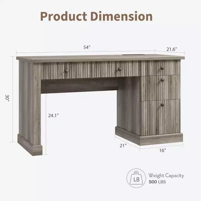 54 Modern Executive Office Desk with Charging Station & File Drawers, Fluted Wood Computer Writing Desk with Storage for Home Study