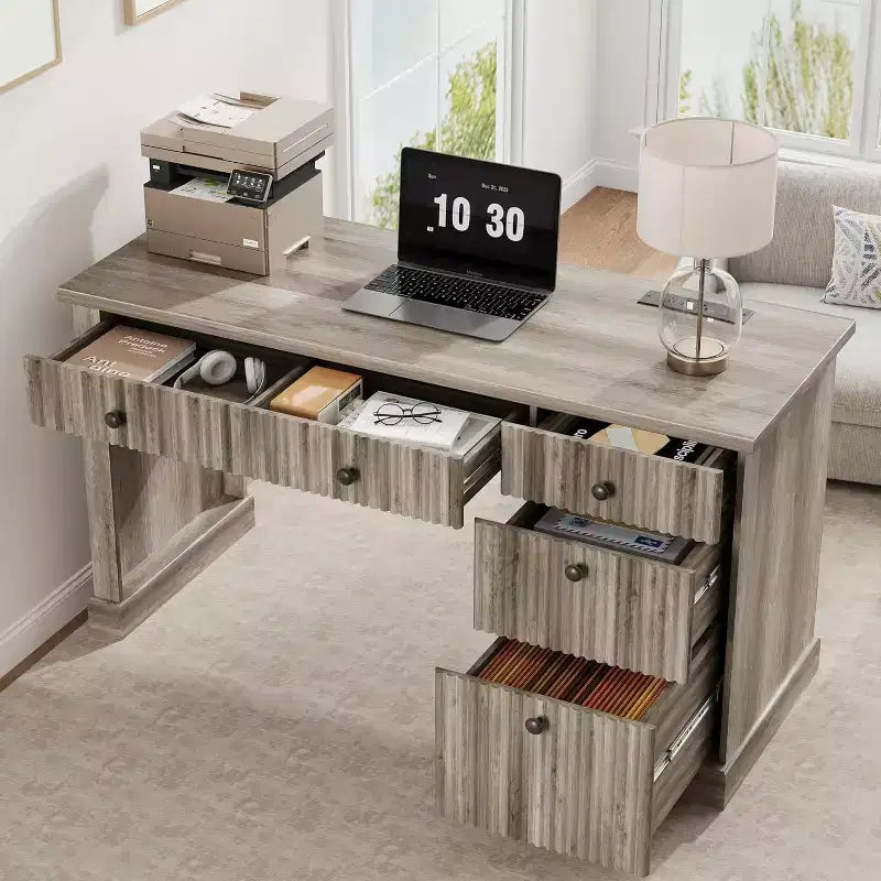 54 Modern Executive Office Desk with Charging Station & File Drawers, Fluted Wood Computer Writing Desk with Storage for Home Study