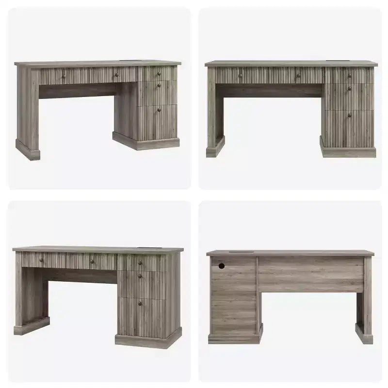 54 Modern Executive Office Desk with Charging Station & File Drawers, Fluted Wood Computer Writing Desk with Storage for Home Study