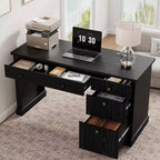 54 Modern Executive Office Desk with Charging Station & File Drawers, Fluted Wood Computer Writing Desk with Storage for Home Study
